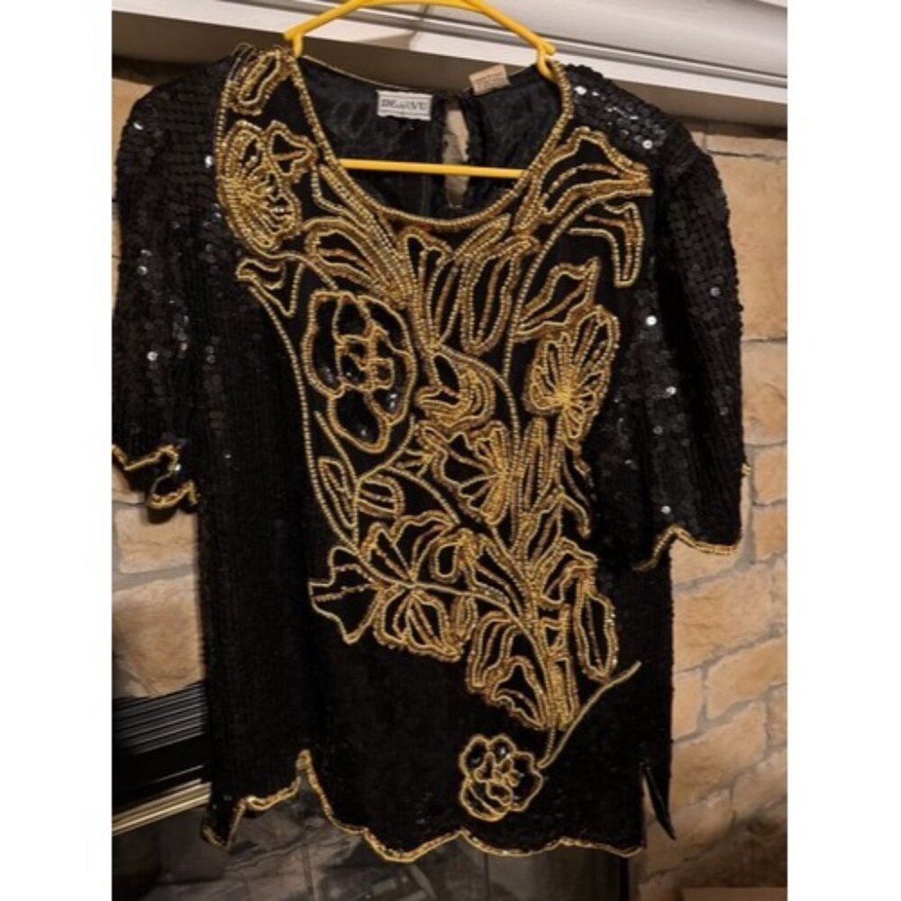 80s DEJAVU Silk Black And Gold Beaded Glam Sequin Top Woman Large